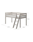 Grey high bed 120 cm with ladder and safety rail, dimensions 210x120x149 cm for children's rooms.