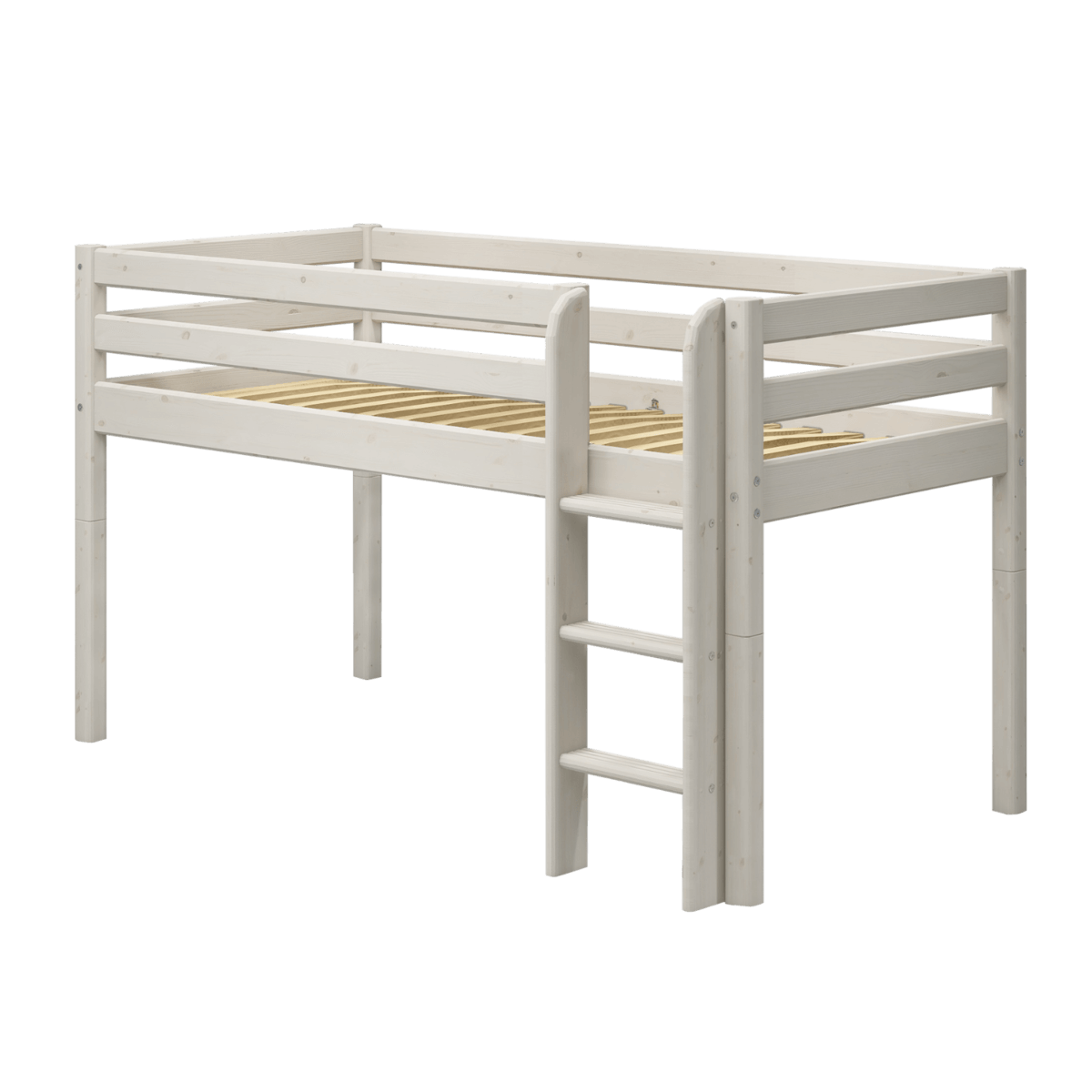 High bed 120 cm with safety rail and ladder, 90x200 cm in white, perfect for children's rooms.