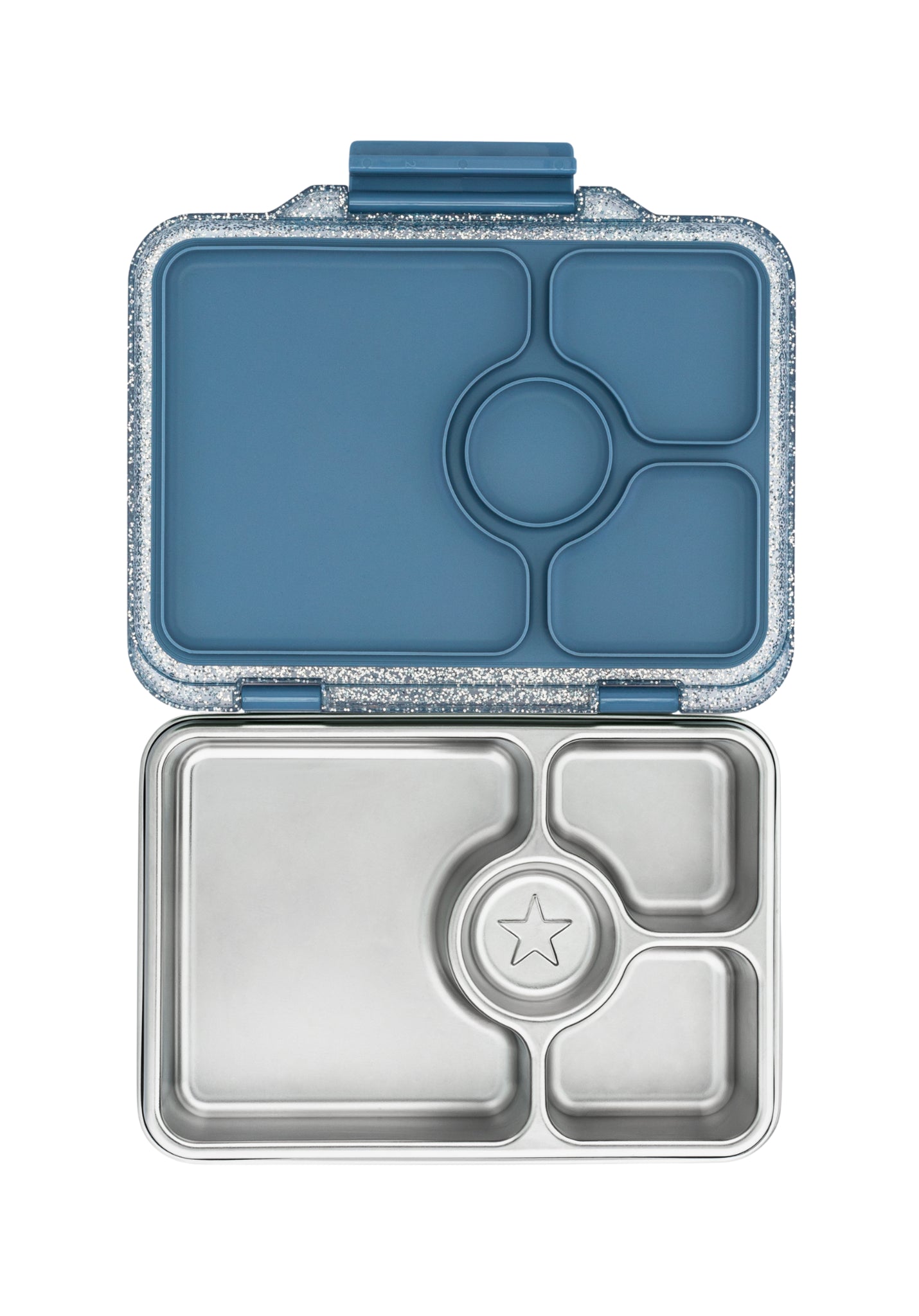 Yumbox Pret stainless steel lunch box in Paris Blue Glitter with four compartments for easy meal separation.